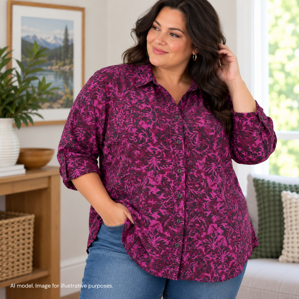 Catherines Shirt Womens 1X 18W 20W Purple Floral Soft Faux Micro Suede Brocade
